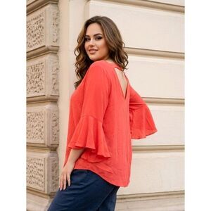 Notations Coral Chiffon V-Neck Blouse Bell Sleeves Open Back Plus 1X Flowy Tunic